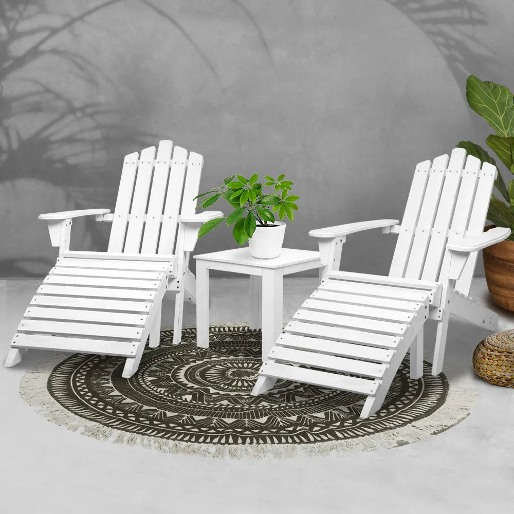 Gardeon 5PC Adirondack Outdoor Table and Chairs Wooden Sun Lounge Patio Furniture White - Mekamart Australia