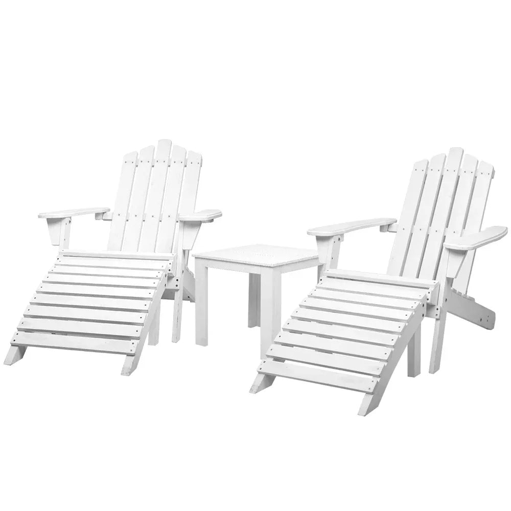 Gardeon 5PC Adirondack Outdoor Table and Chairs Wooden Sun Lounge Patio Furniture White - Mekamart Australia