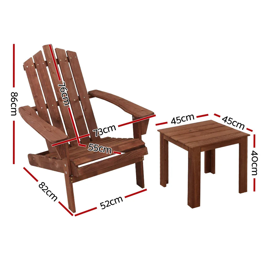 Gardeon 3PC Adirondack Outdoor Table and Chairs Wooden Beach Chair Brown - Mekamart Australia