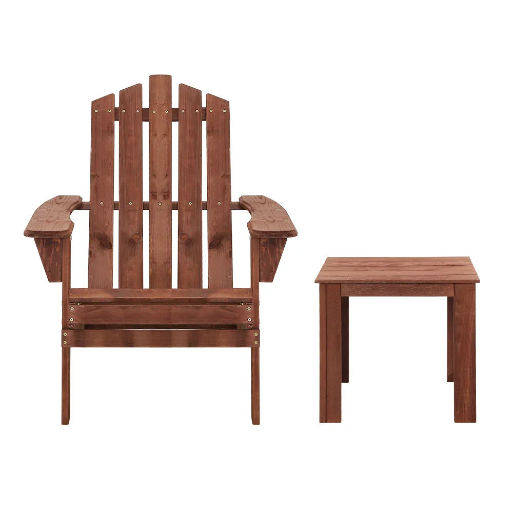 Gardeon 3PC Adirondack Outdoor Table and Chairs Wooden Beach Chair Brown - Mekamart Australia