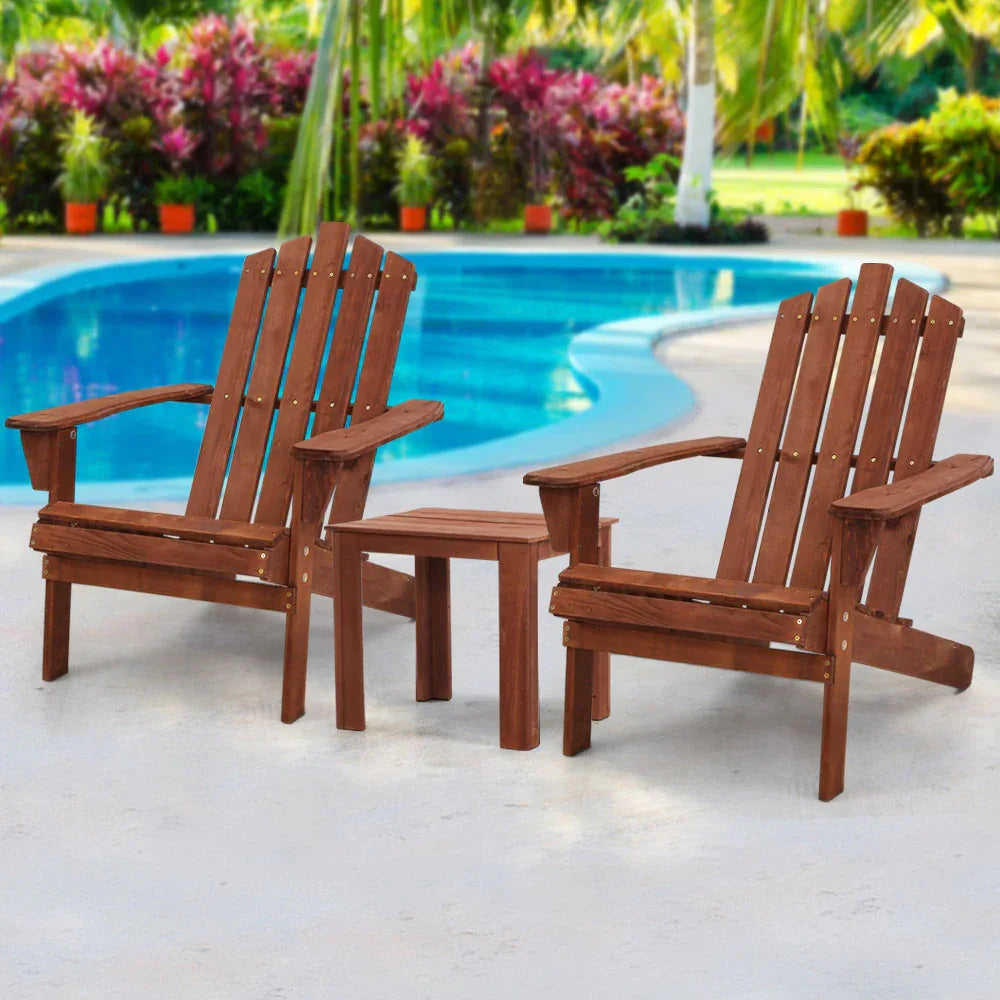 Gardeon 3PC Adirondack Outdoor Table and Chairs Wooden Beach Chair Brown - Mekamart Australia