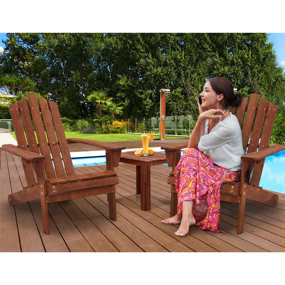 Gardeon 3PC Adirondack Outdoor Table and Chairs Wooden Beach Chair Brown - Mekamart Australia