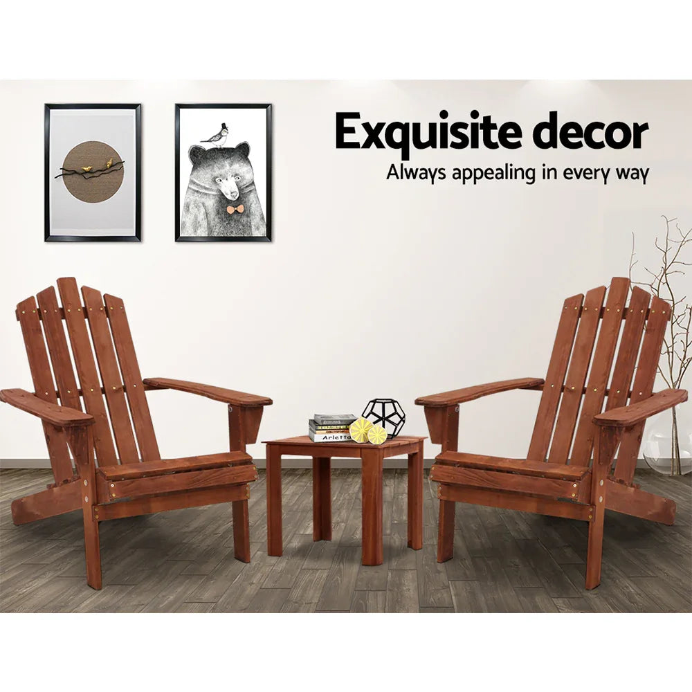 Gardeon 3PC Adirondack Outdoor Table and Chairs Wooden Beach Chair Brown - Mekamart Australia