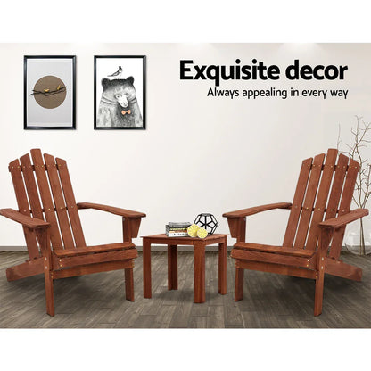 Gardeon 3PC Adirondack Outdoor Table and Chairs Wooden Beach Chair Brown - Mekamart Australia