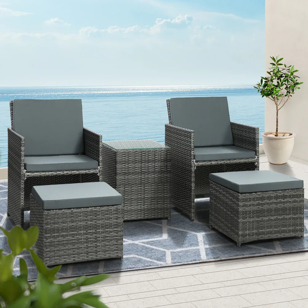 Gardeon 5PC Bistro Set Wicker Table and Chairs Ottoman Outdoor Furniture Grey - Mekamart Australia
