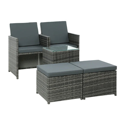 Gardeon 5PC Bistro Set Wicker Table and Chairs Ottoman Outdoor Furniture Grey - Mekamart Australia