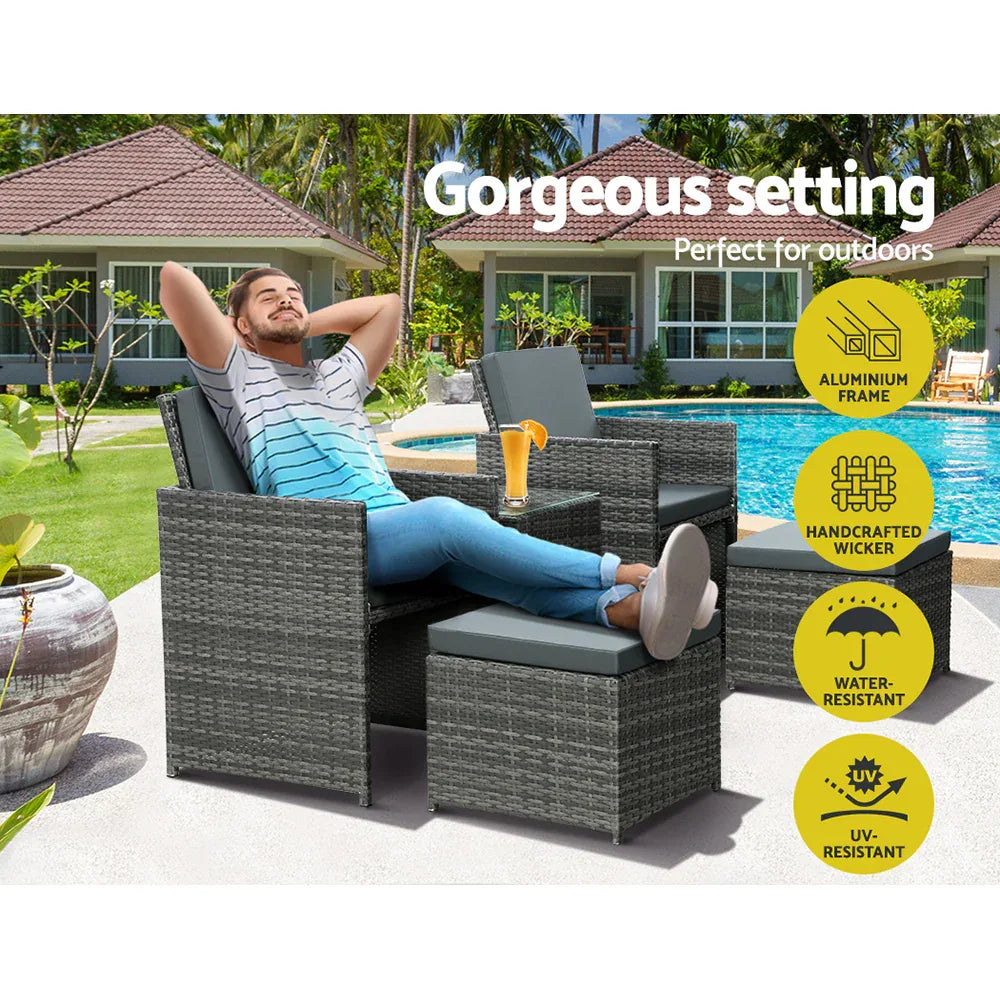 Gardeon 5PC Bistro Set Wicker Table and Chairs Ottoman Outdoor Furniture Grey - Mekamart Australia