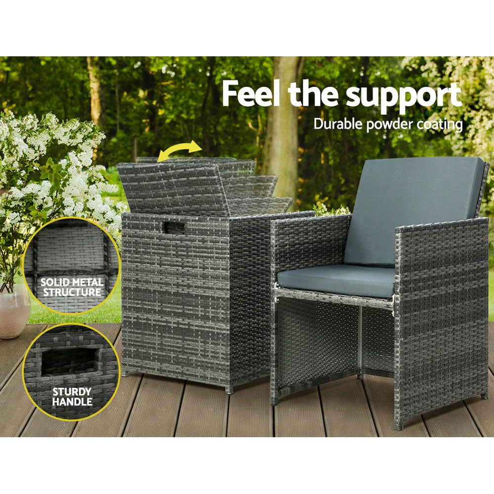 Gardeon 5PC Bistro Set Wicker Table and Chairs Ottoman Outdoor Furniture Grey - Mekamart Australia