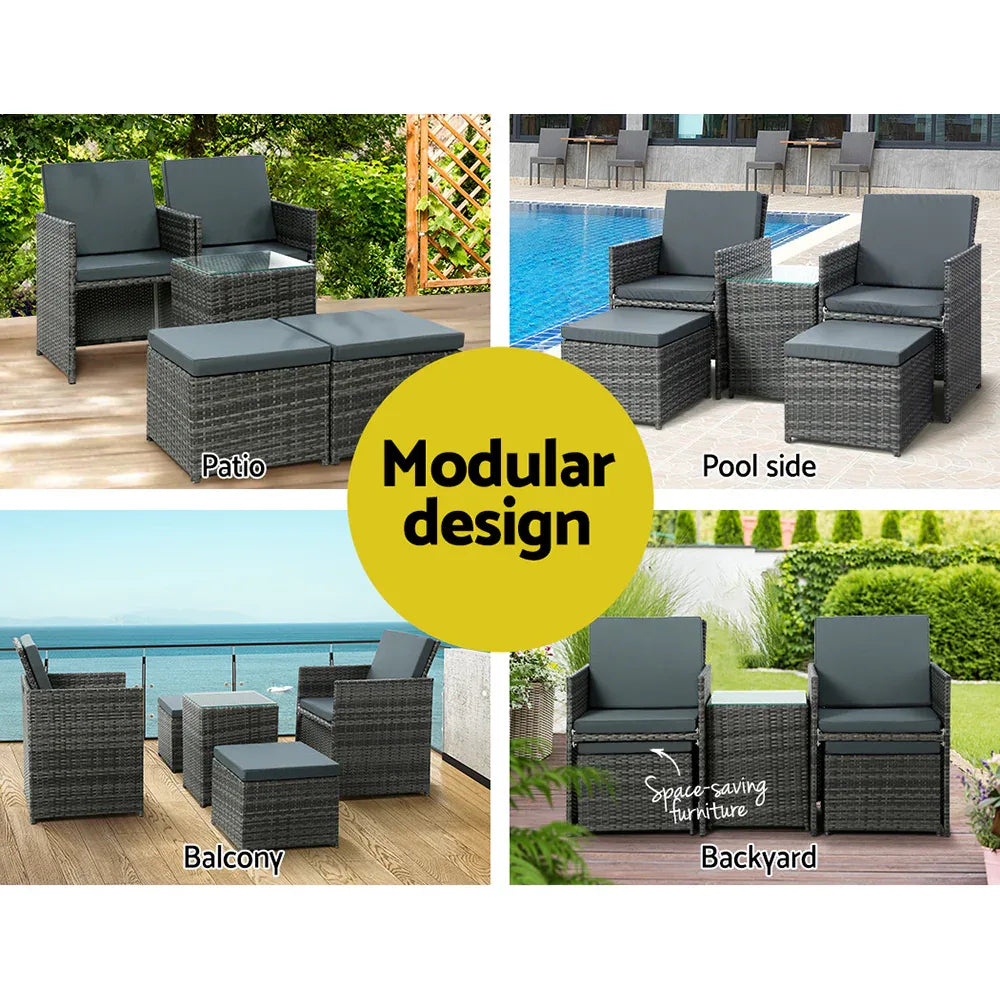 Gardeon 5PC Bistro Set Wicker Table and Chairs Ottoman Outdoor Furniture Grey - Mekamart Australia