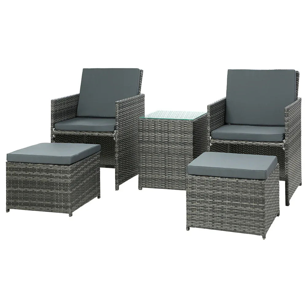 Gardeon 5PC Bistro Set Wicker Table and Chairs Ottoman Outdoor Furniture Grey - Mekamart Australia