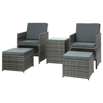 Gardeon 5PC Bistro Set Wicker Table and Chairs Ottoman Outdoor Furniture Grey - Mekamart Australia