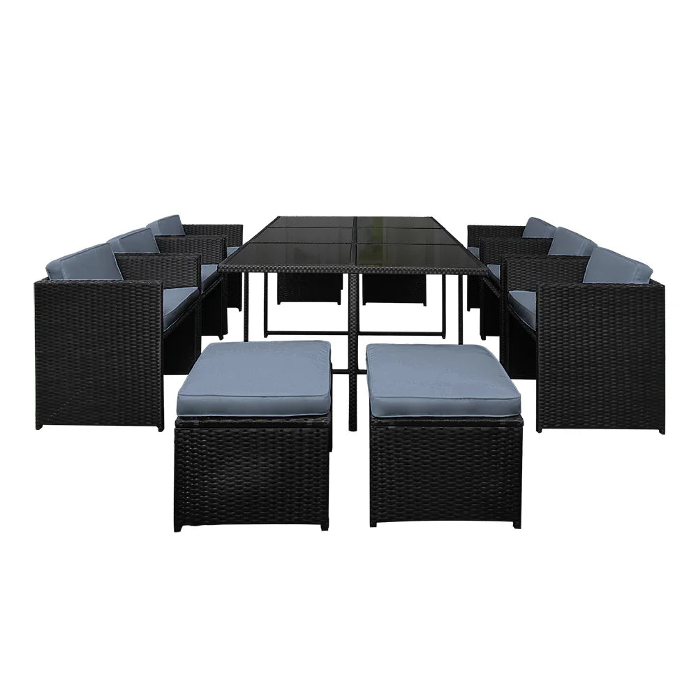 Gardeon Outdoor Dining Set 11 Piece Wicker Table Chairs Setting Black - Mekamart Australia