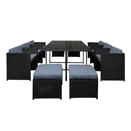 Gardeon Outdoor Dining Set 11 Piece Wicker Table Chairs Setting Black - Mekamart Australia