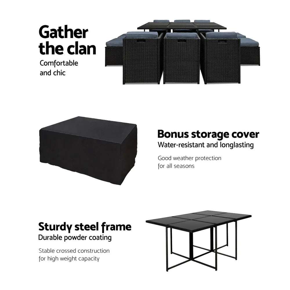 Gardeon Outdoor Dining Set 11 Piece Wicker Table Chairs Setting Black - Mekamart Australia