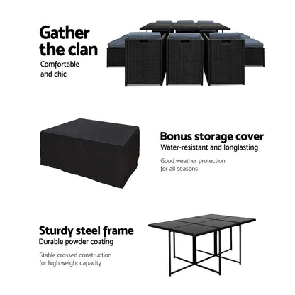 Gardeon Outdoor Dining Set 11 Piece Wicker Table Chairs Setting Black - Mekamart Australia
