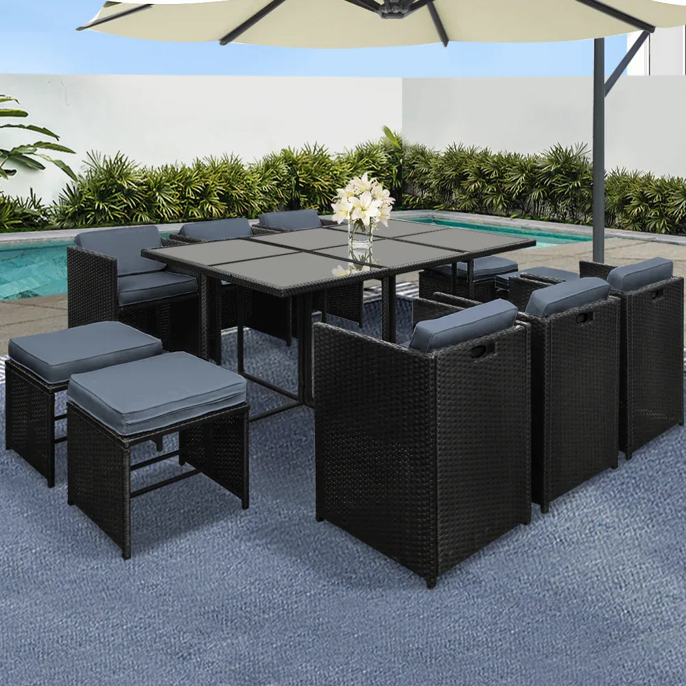 Gardeon Outdoor Dining Set 11 Piece Wicker Table Chairs Setting Black - Mekamart Australia