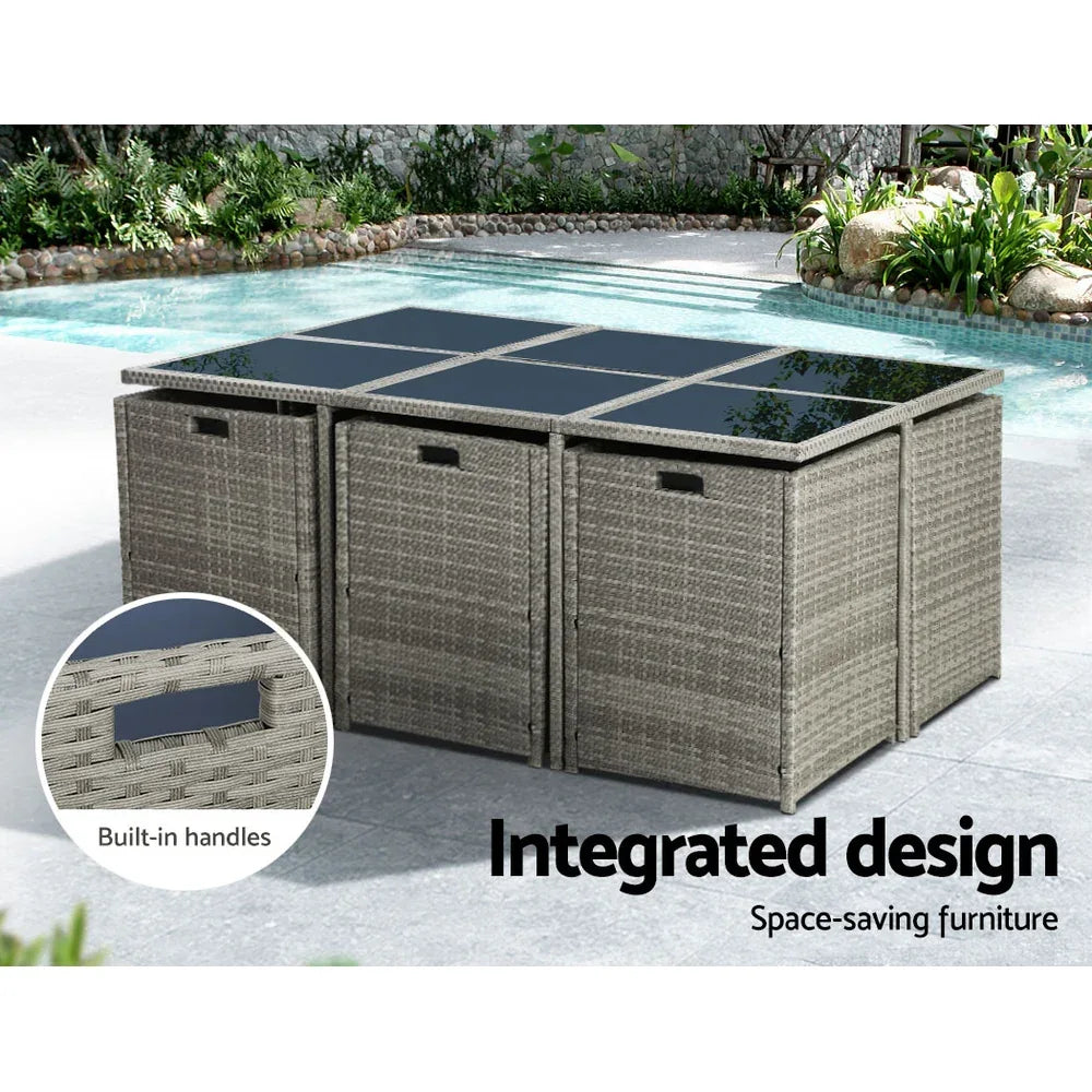 Gardeon Outdoor Dining Set 11 Piece Wicker Table Chairs Setting Grey - Mekamart Australia