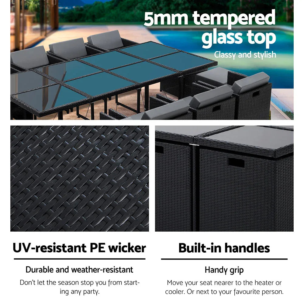 Gardeon Outdoor Dining Set 13 Piece Wicker Table Chairs Setting Black - Mekamart Australia