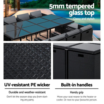 Gardeon Outdoor Dining Set 13 Piece Wicker Table Chairs Setting Black - Mekamart Australia