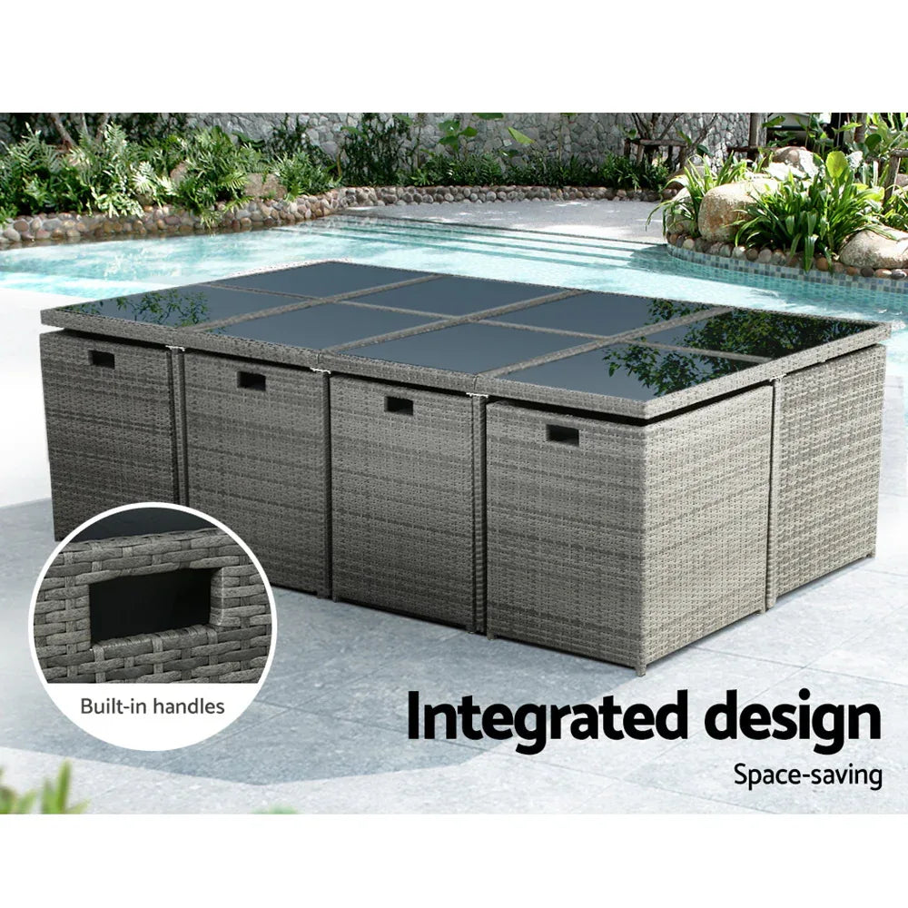 Gardeon Outdoor Dining Set 13 Piece Wicker Table Chairs Setting Grey - Mekamart Australia