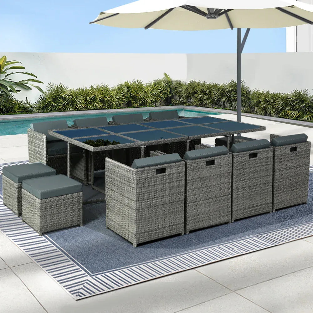 Gardeon Outdoor Dining Set 13 Piece Wicker Table Chairs Setting Grey - Mekamart Australia