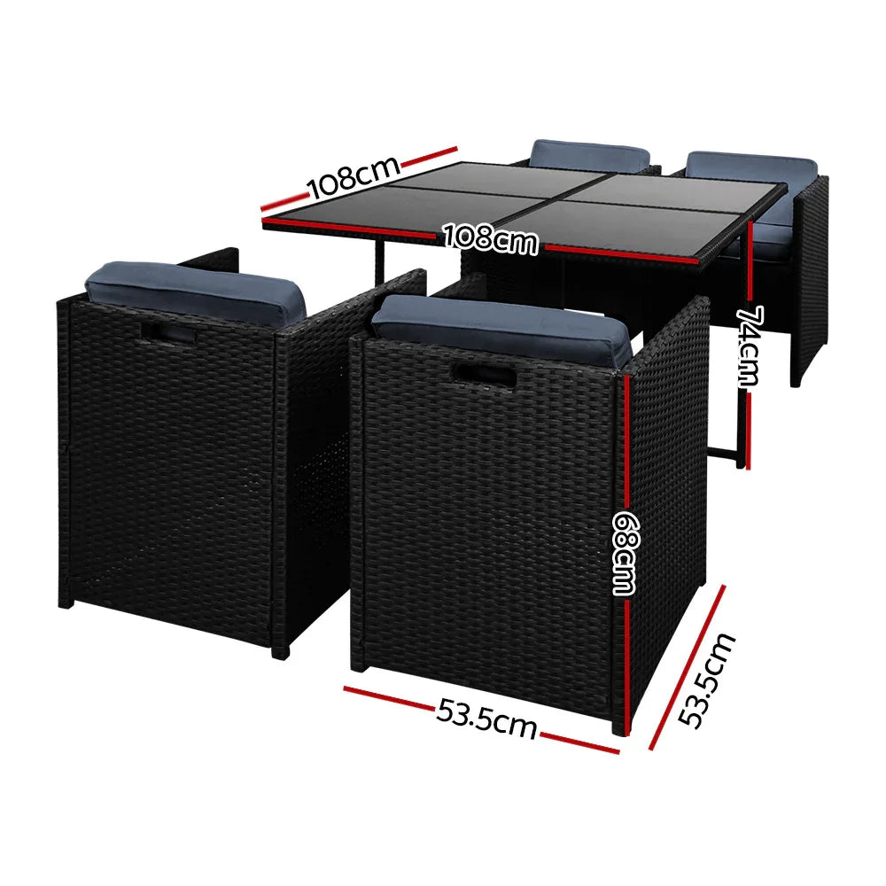 Gardeon Outdoor Dining Set 5 Piece Wicker Table Chairs Setting Black - Mekamart Australia