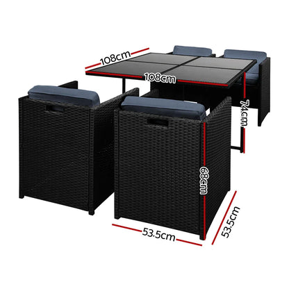 Gardeon Outdoor Dining Set 5 Piece Wicker Table Chairs Setting Black - Mekamart Australia