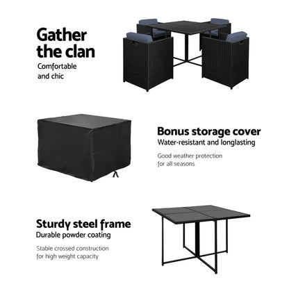 Gardeon Outdoor Dining Set 5 Piece Wicker Table Chairs Setting Black - Mekamart Australia