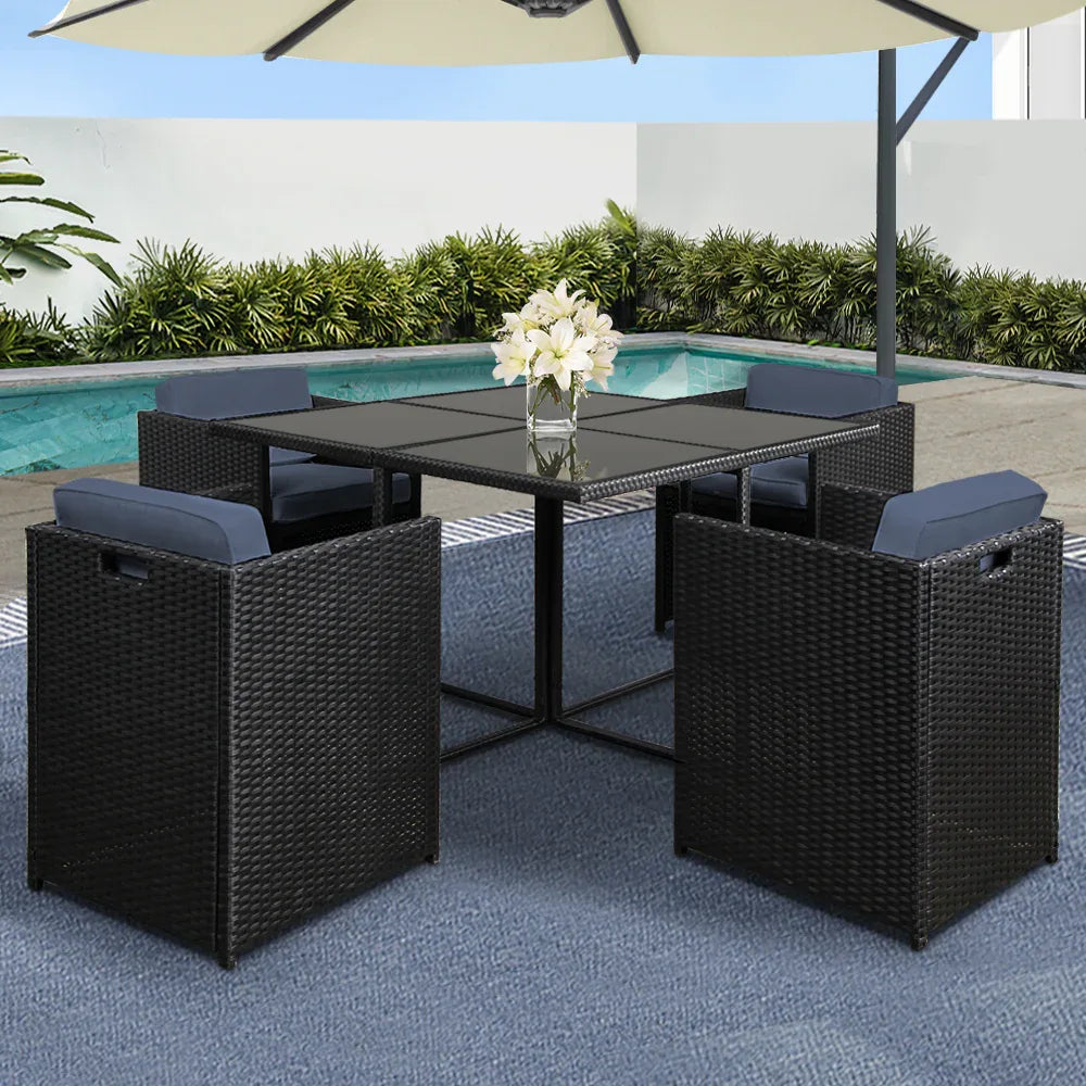 Gardeon Outdoor Dining Set 5 Piece Wicker Table Chairs Setting Black - Mekamart Australia