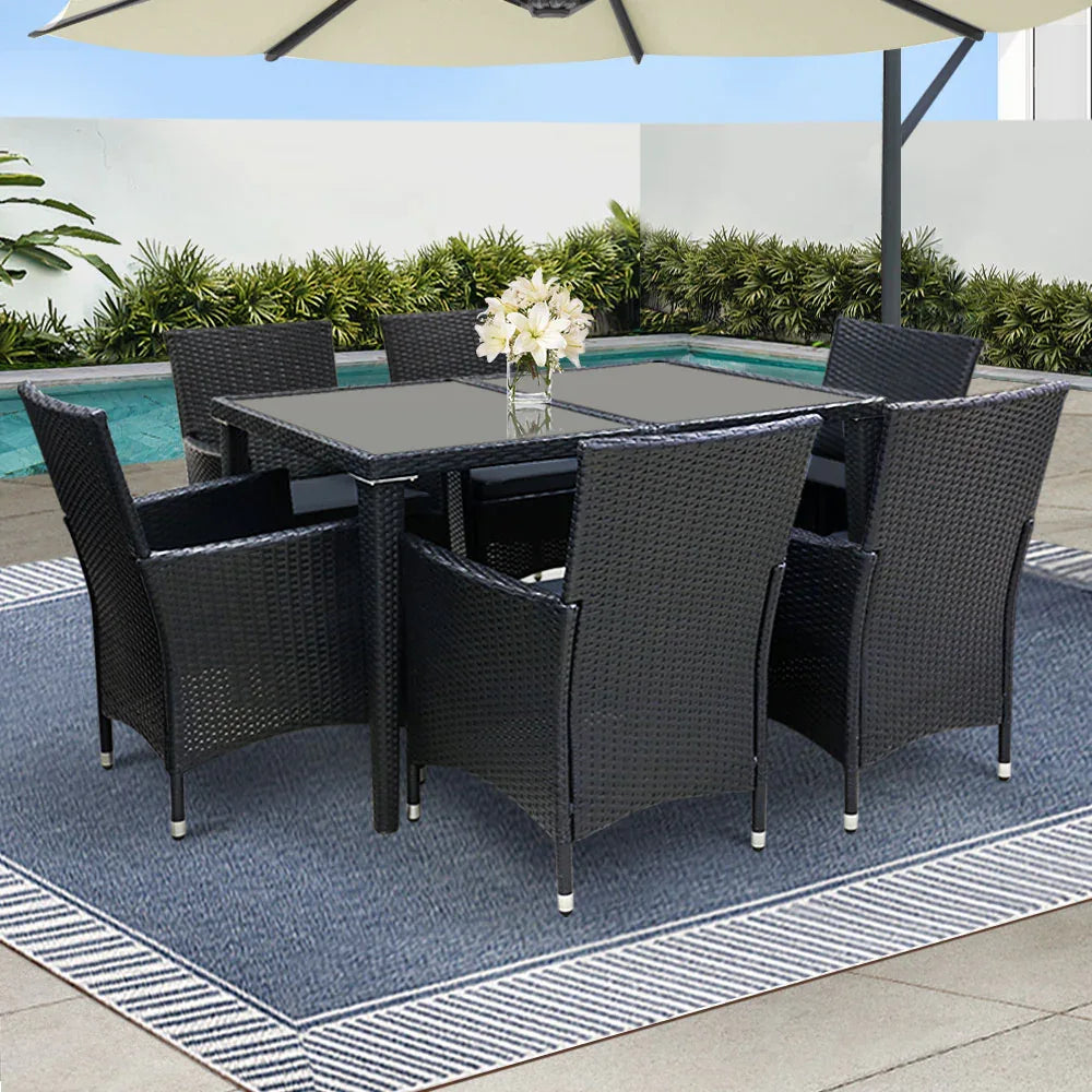 Gardeon Outdoor Dining Set 7 Piece Wicker Lounge Setting Black - Mekamart Australia
