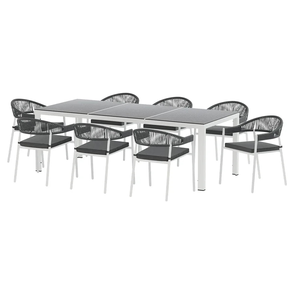 Gardeon Outdoor Dining Set 9 Piece Steel Table Chairs Setting White - Mekamart Australia