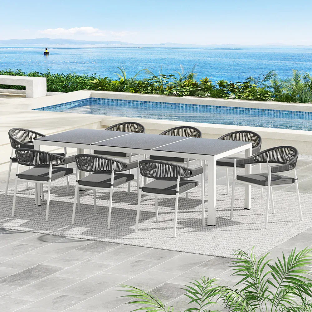Gardeon Outdoor Dining Set 9 Piece Steel Table Chairs Setting White - Mekamart Australia