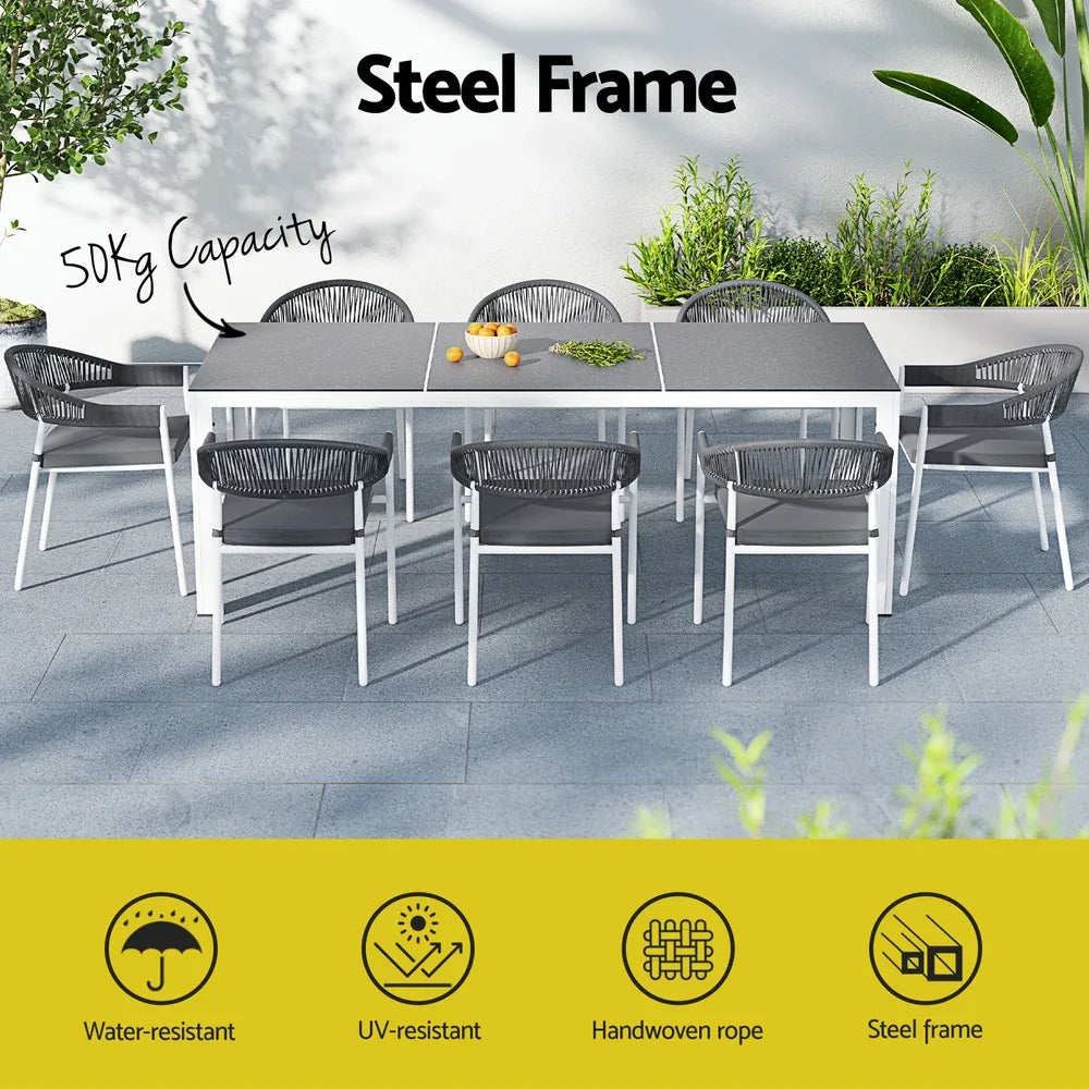 Gardeon Outdoor Dining Set 9 Piece Steel Table Chairs Setting White - Mekamart Australia