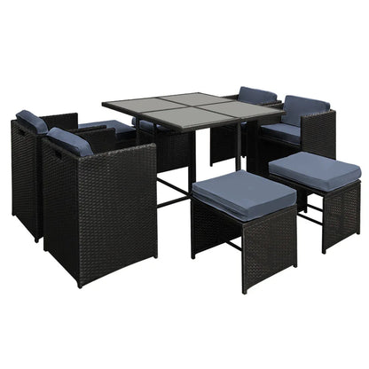 Gardeon Outdoor Dining Set 9 Piece Wicker Table Chairs Setting Black - Mekamart Australia