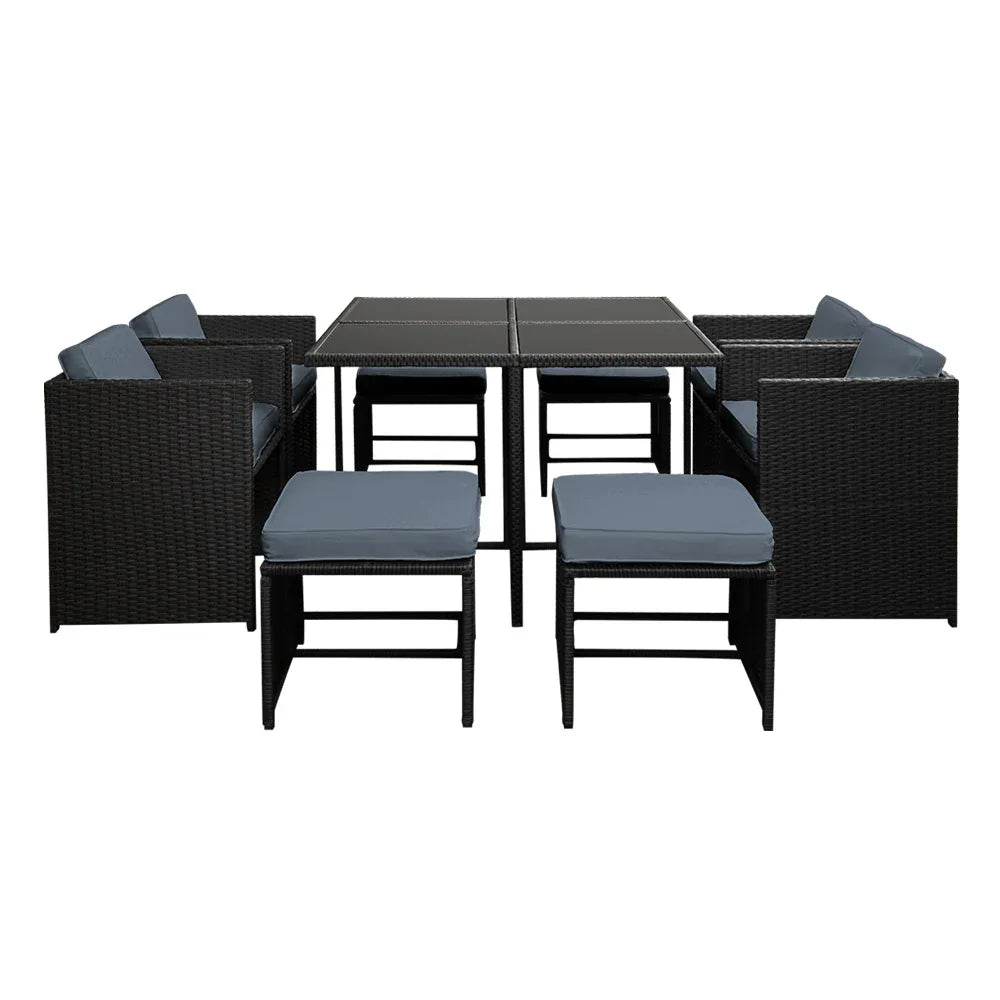 Gardeon Outdoor Dining Set 9 Piece Wicker Table Chairs Setting Black - Mekamart Australia