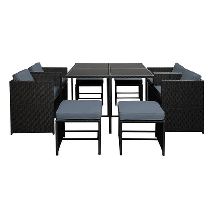 Gardeon Outdoor Dining Set 9 Piece Wicker Table Chairs Setting Black - Mekamart Australia