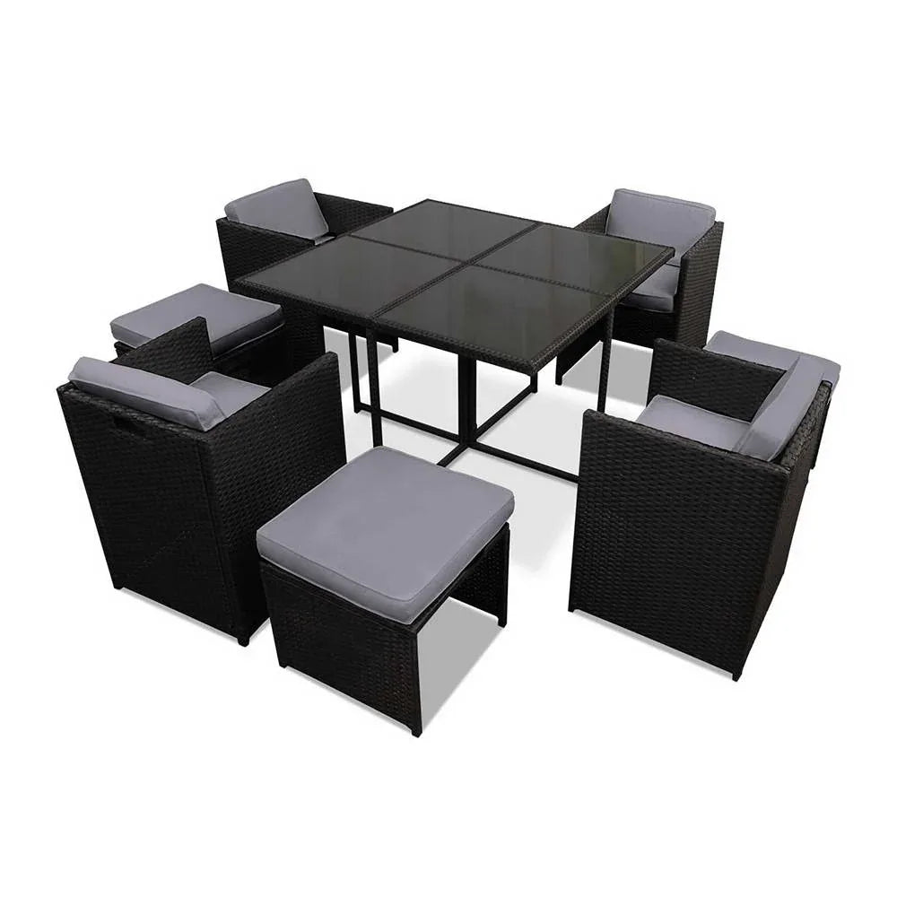 Gardeon Outdoor Dining Set 9 Piece Wicker Table Chairs Setting Black - Mekamart Australia