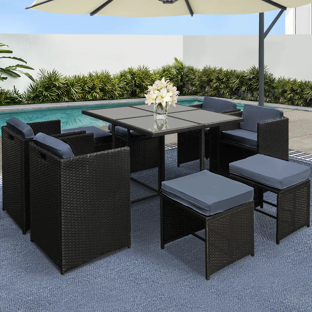 Gardeon Outdoor Dining Set 9 Piece Wicker Table Chairs Setting Black - Mekamart Australia