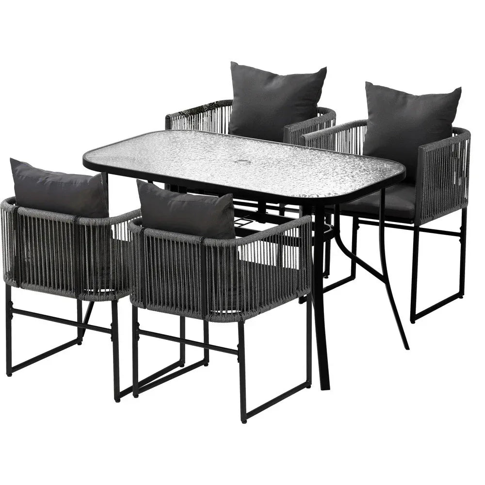 Gardeon 5PCS Outdoor Dining Set Table and Chairs Rope Patio Furniture Garden Black - Mekamart Australia
