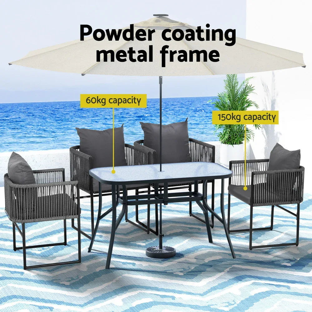Gardeon 5PCS Outdoor Dining Set Table and Chairs Rope Patio Furniture Garden Black - Mekamart Australia