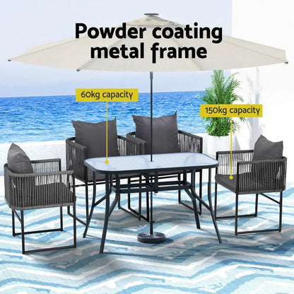 Gardeon 5PCS Outdoor Dining Set Table and Chairs Rope Patio Furniture Garden Black - Mekamart Australia