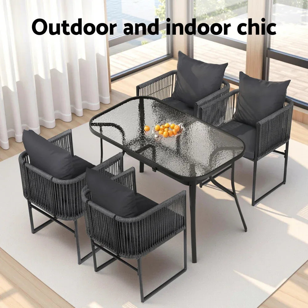 Gardeon 5PCS Outdoor Dining Set Table and Chairs Rope Patio Furniture Garden Black - Mekamart Australia
