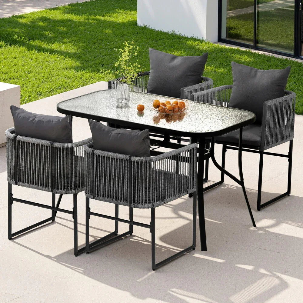 Gardeon 5PCS Outdoor Dining Set Table and Chairs Rope Patio Furniture Garden Black - Mekamart Australia