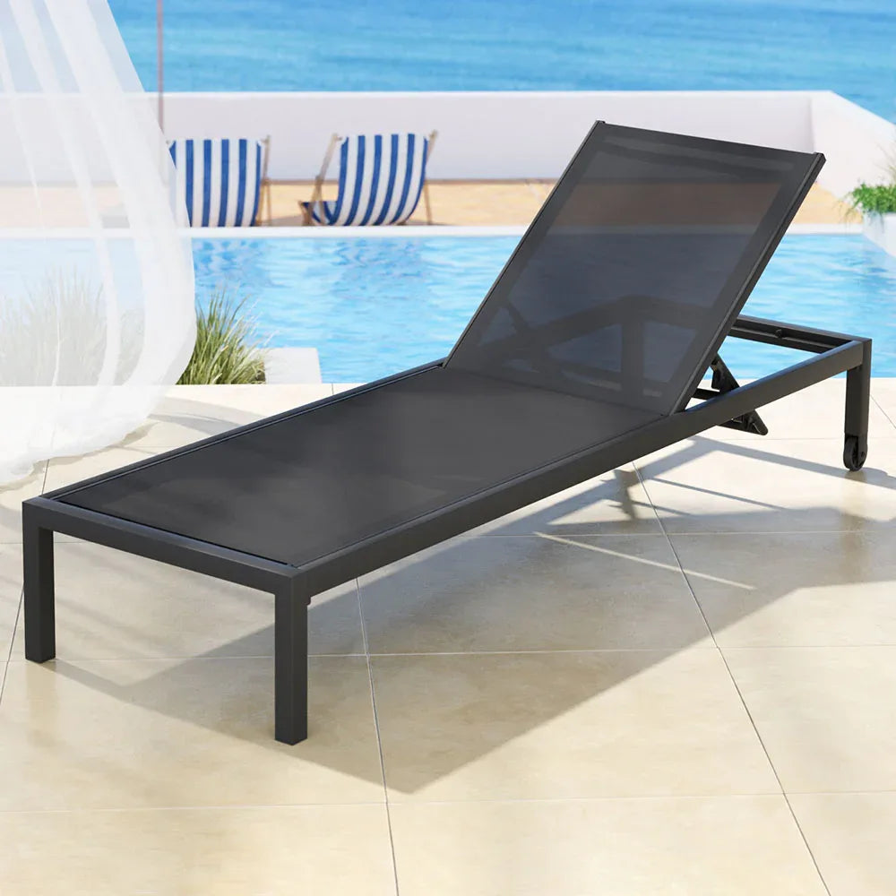 Gardeon Sun Lounge Outdoor Lounger Aluminium Folding Beach Chair Wheels Black - Mekamart Australia