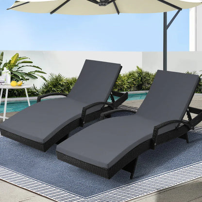 Gardeon 2PC Sun Lounge Wicker Lounger Outdoor Furniture Beach Chair Patio Adjustable Cushion Black - Mekamart Australia