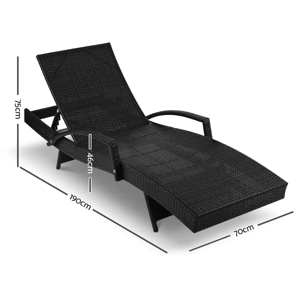 Gardeon 2PC Sun Lounge Wicker Lounger Outdoor Furniture Beach Chair Patio Adjustable Cushion Black - Mekamart Australia