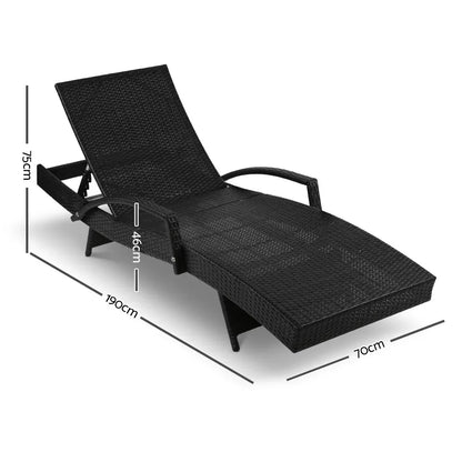 Gardeon 2PC Sun Lounge Wicker Lounger Outdoor Furniture Beach Chair Patio Adjustable Cushion Black - Mekamart Australia
