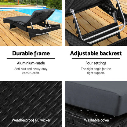 Gardeon 2PC Sun Lounge Wicker Lounger Outdoor Furniture Beach Chair Patio Adjustable Cushion Black - Mekamart Australia