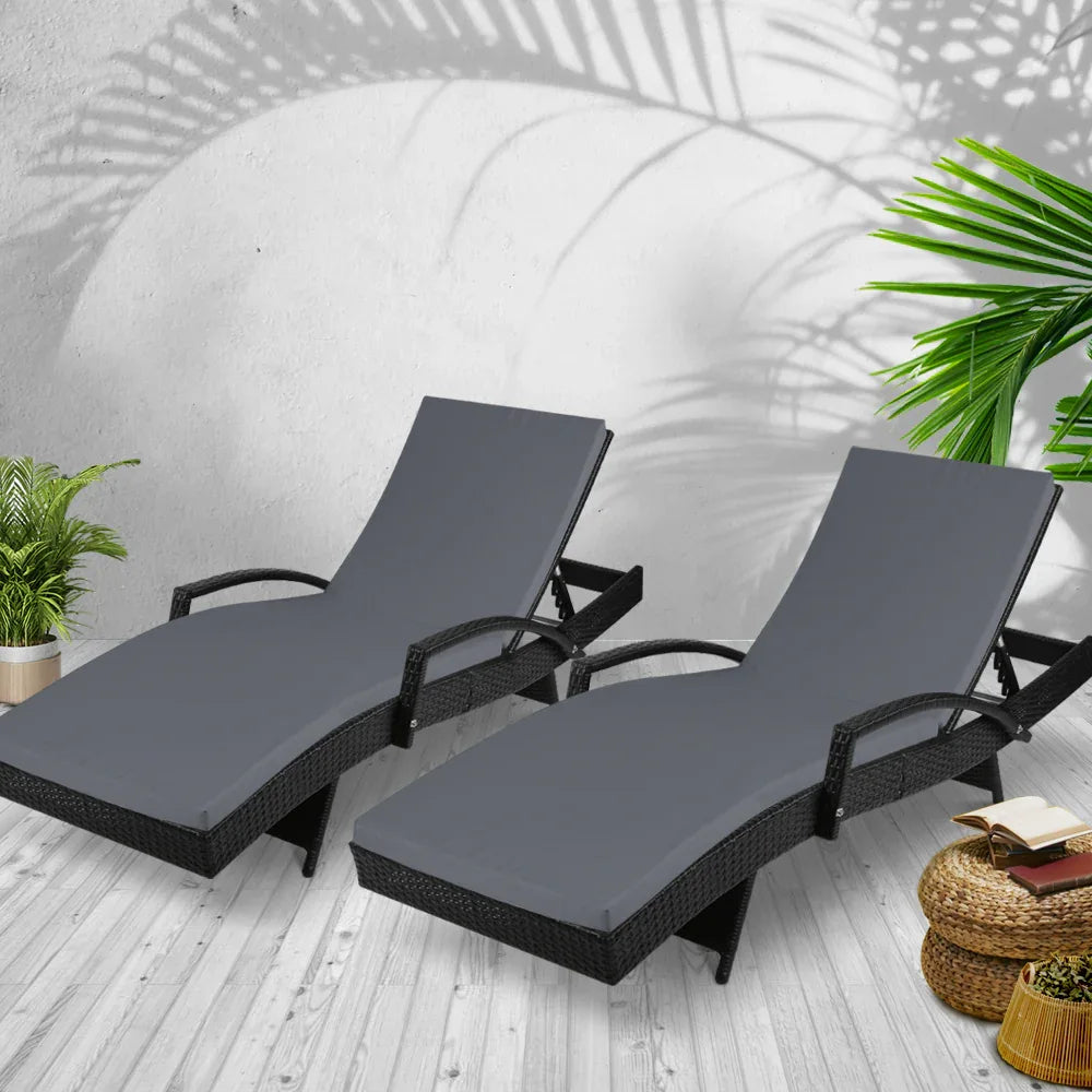 Gardeon 2PC Sun Lounge Wicker Lounger Outdoor Furniture Beach Chair Patio Adjustable Cushion Black - Mekamart Australia