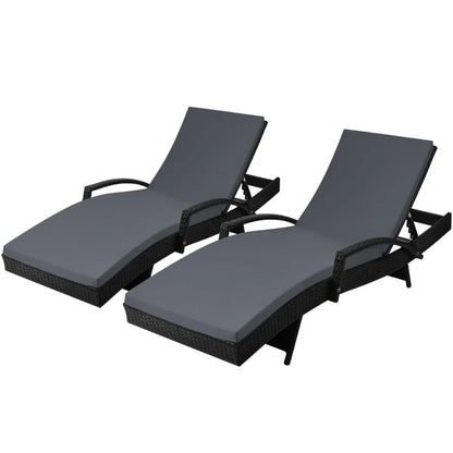 Gardeon 2PC Sun Lounge Wicker Lounger Outdoor Furniture Beach Chair Patio Adjustable Cushion Black - Mekamart Australia